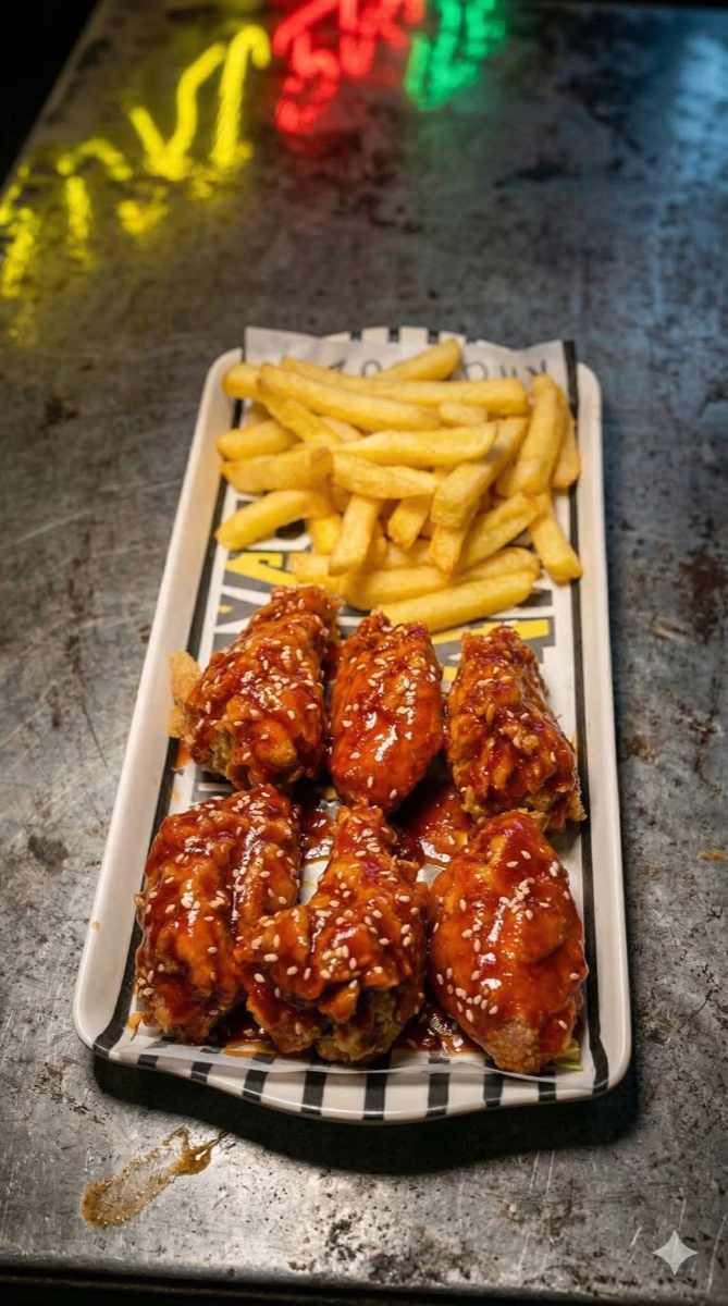 Alitas en salsa coreana con papas