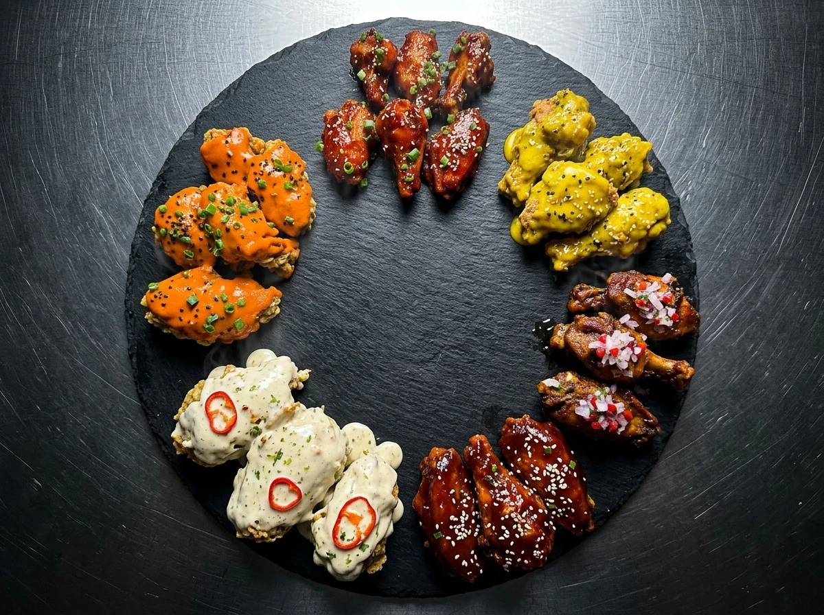 Alitas Mambo’s en seis salsas, servidas en círculo sobre una tabla de pizarra